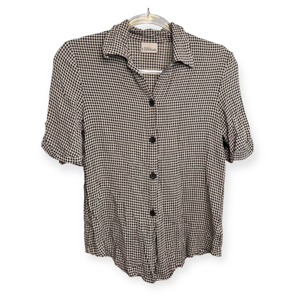 Modern Essentials Gingham Button Down Short Sleeve Shirt Top‎